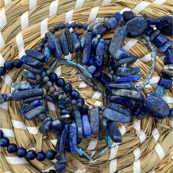 Natural Dark Blue Lapis Lazuli & Sodalite Gemstone Mixed Bead Bracelet Stack - Picture 10 of 12